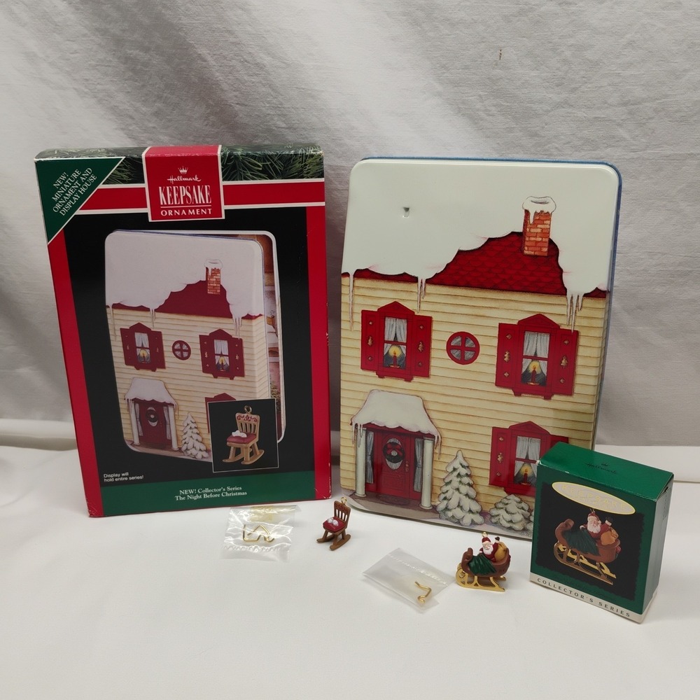 Hallmark Ornament Display Tin House 1992 Night Before Christmas '96 Santa Sleigh